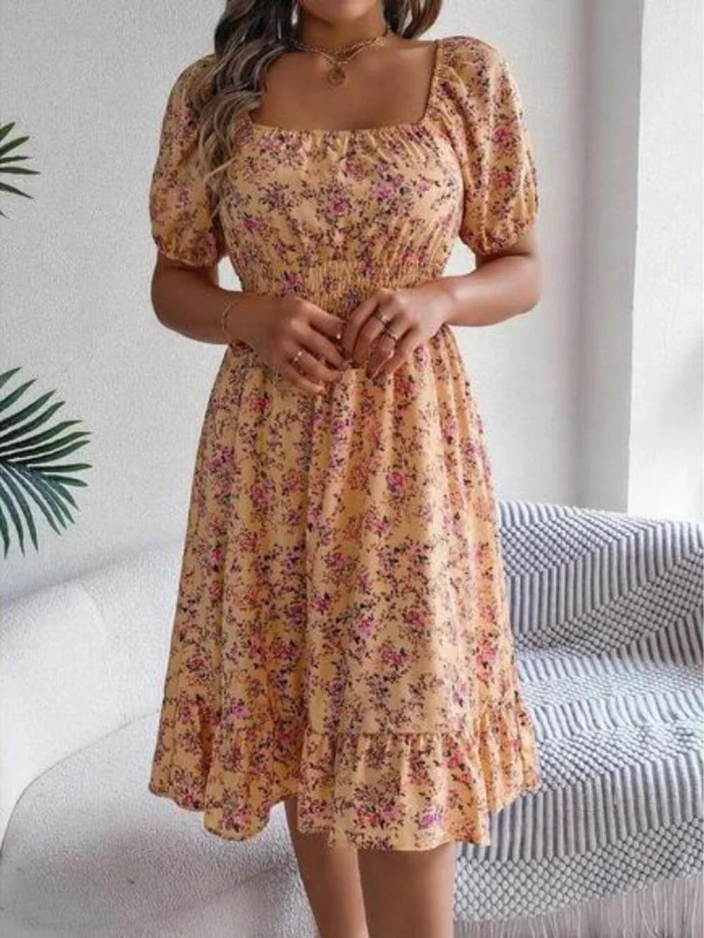 / Puff Sleeve Drawstring Short Sleeve Floral Dress - Picture 6 of 6